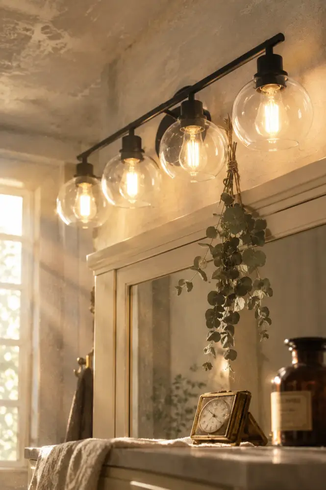 Black globe vanity light glowing above a cream cabinet with brass clock and dried eucalyptus in a warm bathroom