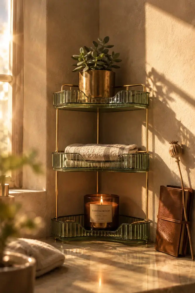 Corner vanity organizer styled with a brass succulent pot, linen washcloth, and brown glass candle in warm afternoon light