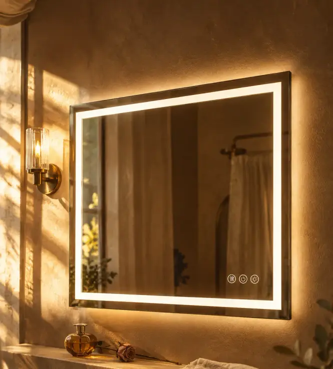 Backlit LED mirror glowing on a tobacco-brown wall with brass perfume bottle and dried rose on the ledge below