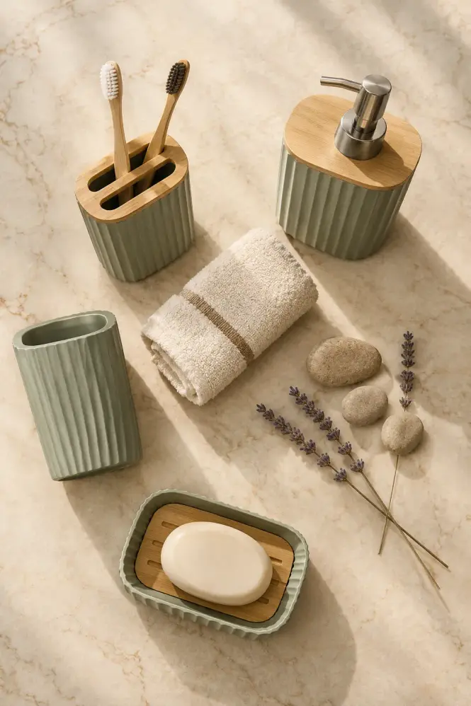 Sage green bathroom accessory set arranged on marble with dried lavender and rolled cream towel in overhead flatlay