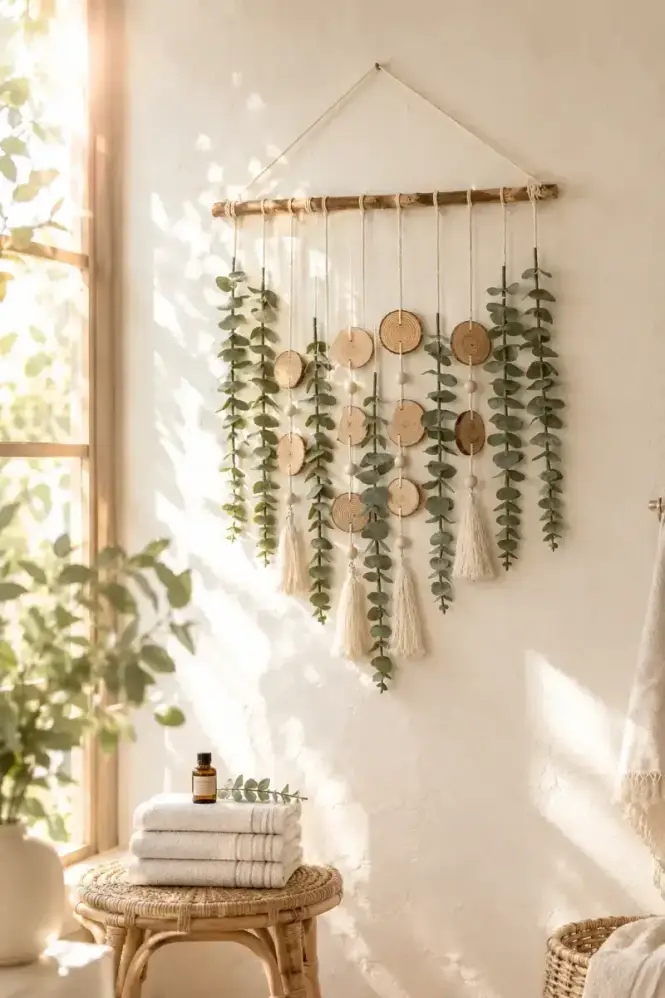 Eucalyptus wall hanging on limewash plaster wall with rattan stool and folded linen towels below