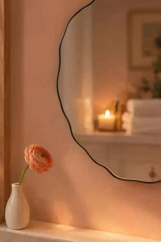 Scalloped round wall mirror on blush pink wall with ceramic bud vase and peach ranunculus bloom