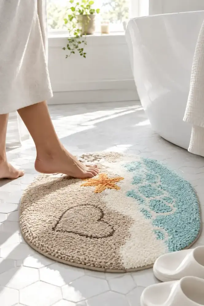 Soft microfiber bath rug on white hexagon tile with bare feet stepping onto it in bright morning light