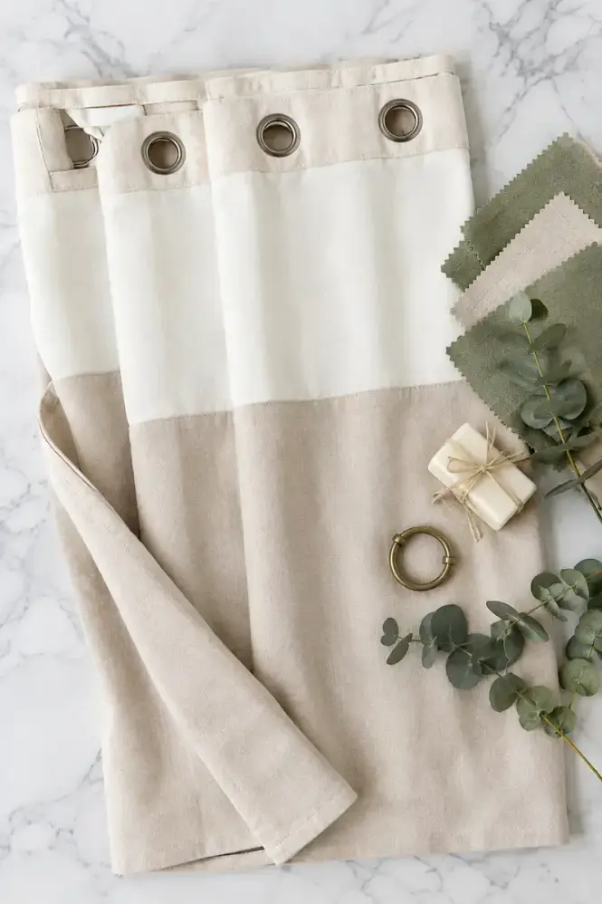 Luxury snap-in shower curtain flatlay with eucalyptus and sage fabric swatches on white marble