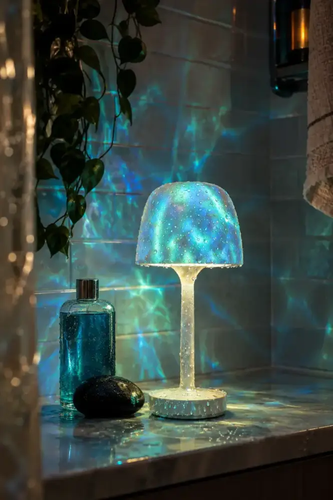 Ocean LED shower lamp casting teal ripple light across white bathroom tile in a moody evening scene