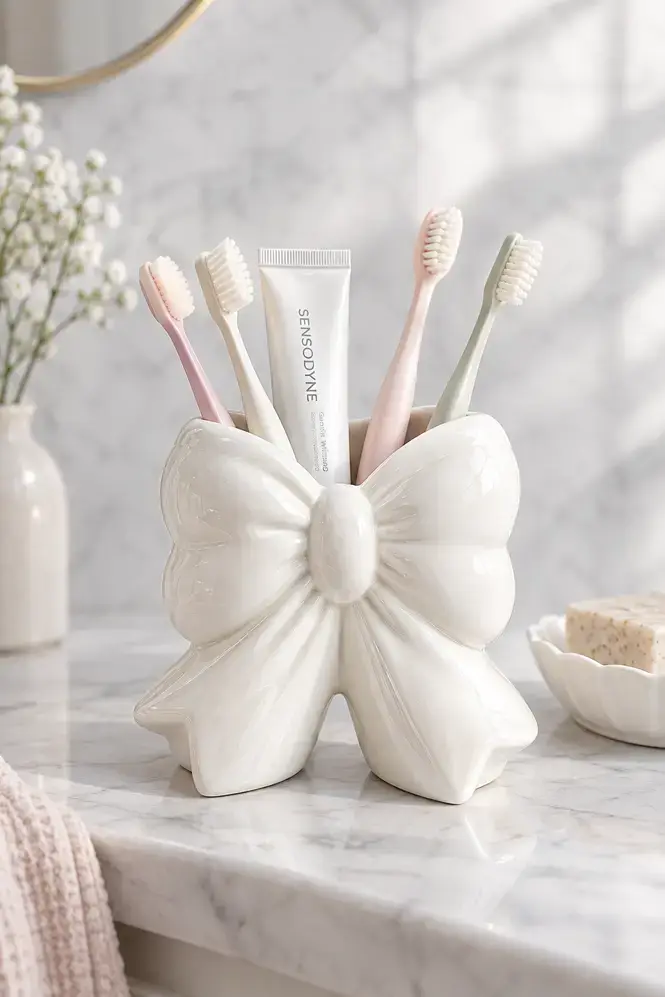 Bow ceramic toothbrush holder on marble shelf with pastel toothbrushes and a lifestyle hand gently resting nearby