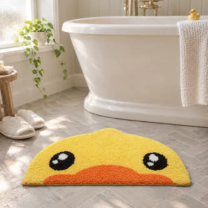 Duck bath mat on grey tile floor in front of a white bathtub with white slippers and small yellow ceramic duck accent