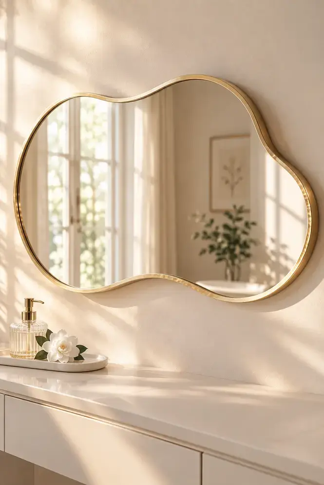 Gold asymmetric mirror hanging above a white vanity with minimal white ceramic tray and single white gardenia bloom