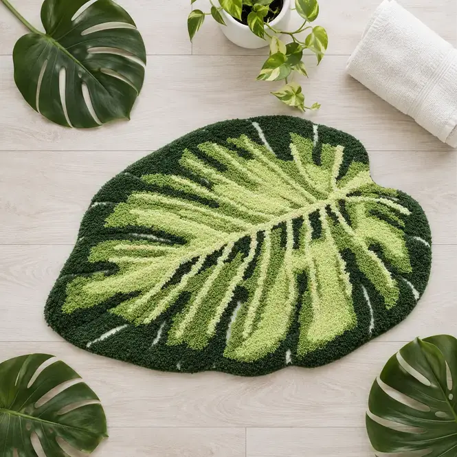 Monstera leaf bath mat flatlay overhead shot on white wood floor surrounded by fresh monstera leaves and a white ceramic pot