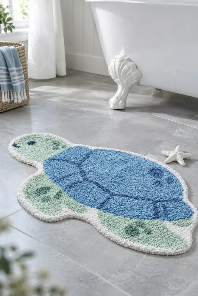 Sea turtle bath mat on grey stone tile floor with low angle view toward a white clawfoot bathtub and ceramic starfish accent