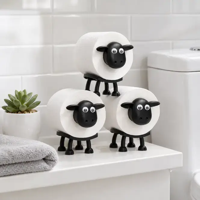 Sheep toilet roll holder set on white bathroom shelf with a hand pulling tissue and a small succulent in white pot nearby