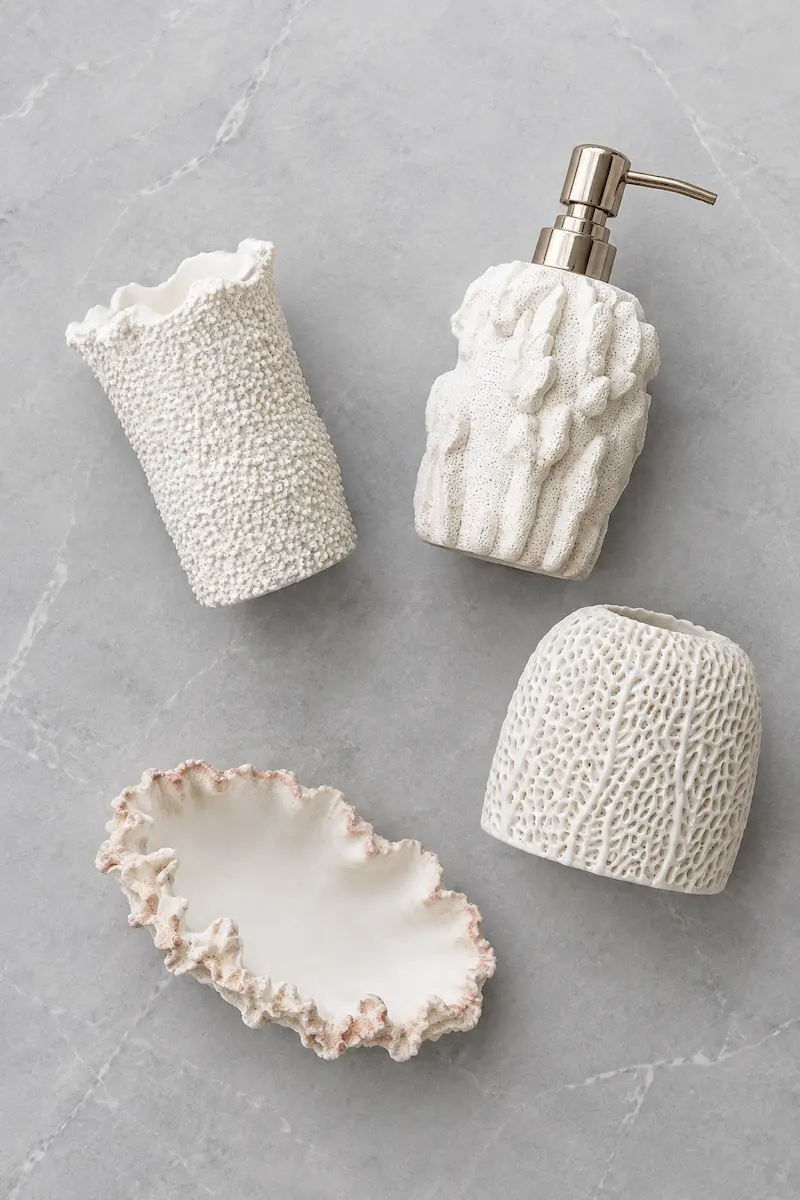 Coral seashell bathroom accessory set arranged in a flatlay on grey marble, soft overhead lighting, clean minimal styling