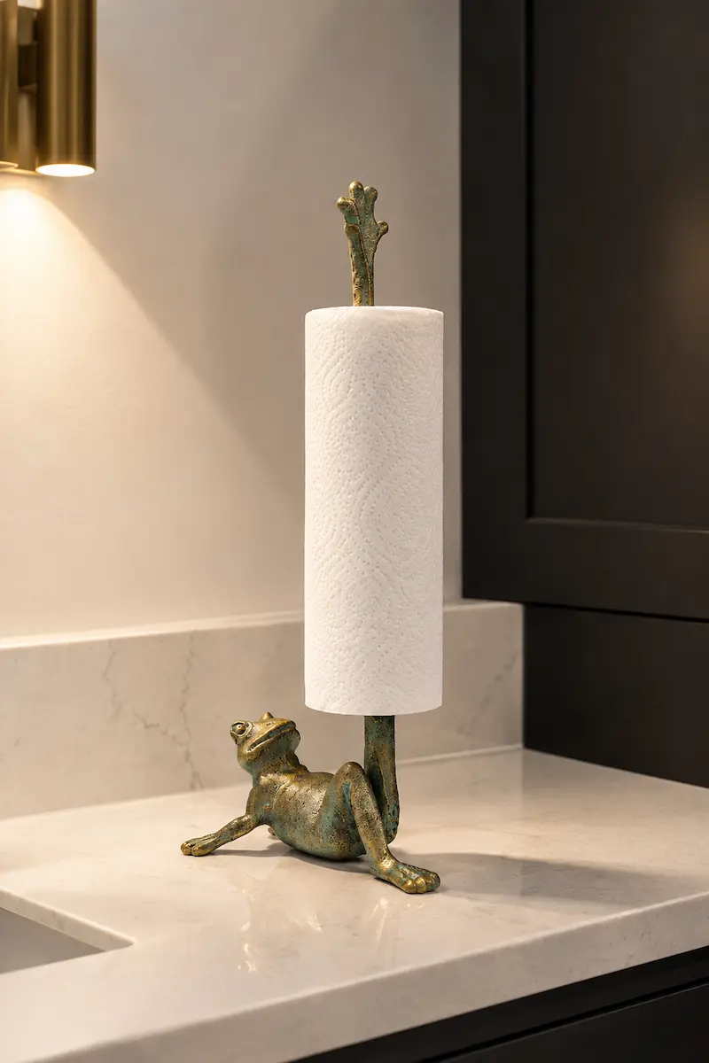 Golden frog paper towel holder on white quartz bathroom counter with directional sconce lighting and matte black cabinet background