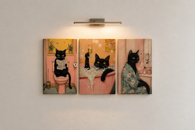 Japanese cat wall art mounted on white plaster wall with brushed nickel picture light, clean minimal bathroom decor detail