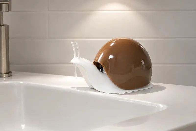 Snail soap dispenser on white ceramic sink rim, low-angle detail shot with overhead spot lighting and brushed nickel faucet background